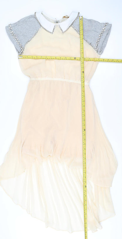 Ci Ci London Womens Beige Grey A-Line Dress Size S Collared Beaded Party