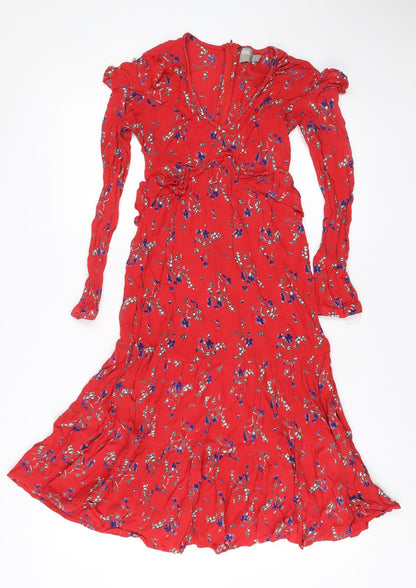 ASOS Women's Red Floral Midi Wrap Dress Size 8 Long Sleeve V-Neck