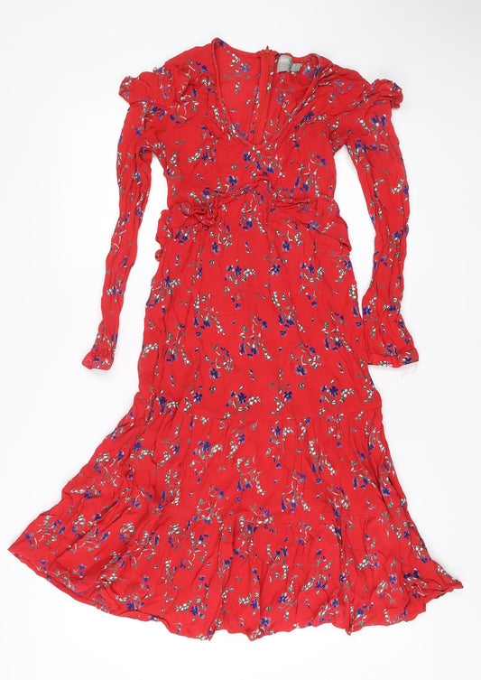 ASOS Women's Red Floral Midi Wrap Dress Size 8 Long Sleeve V-Neck