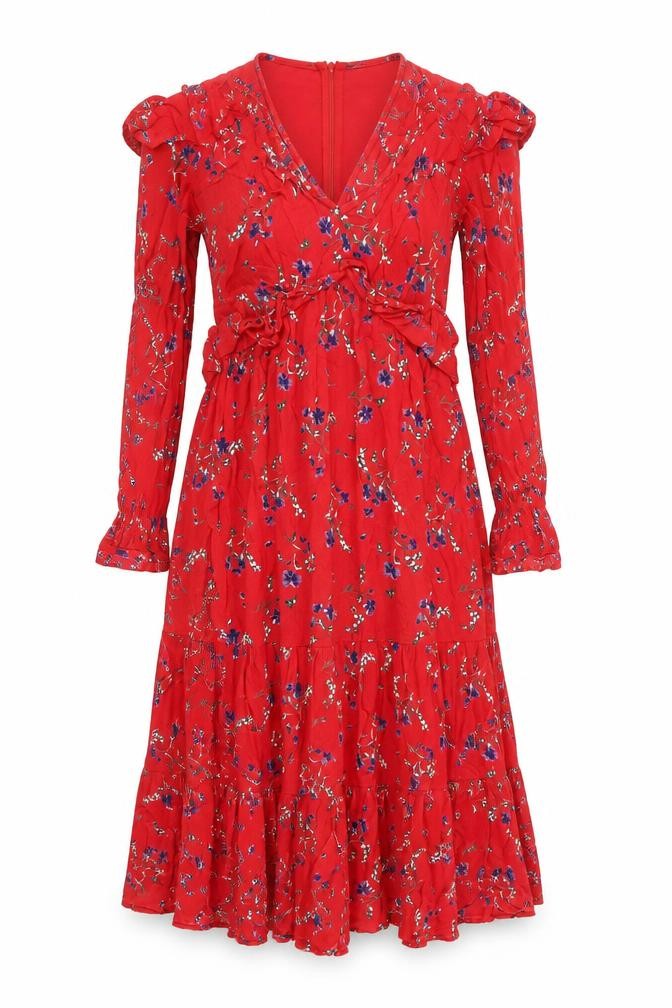 Front view of ASOS Women's Red Floral Midi Wrap Dress, size 8, Long Sleeve V-Neck