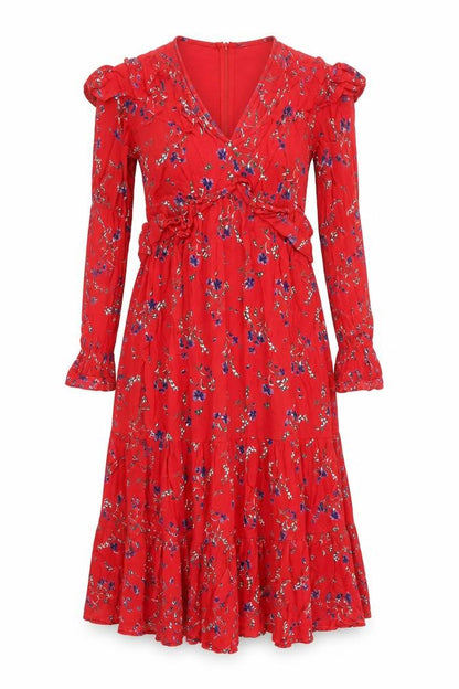 Front view of ASOS Women's Red Floral Midi Wrap Dress, size 8, Long Sleeve V-Neck