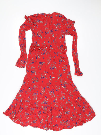 ASOS Women's Red Floral Midi Wrap Dress Size 8 Long Sleeve V-Neck