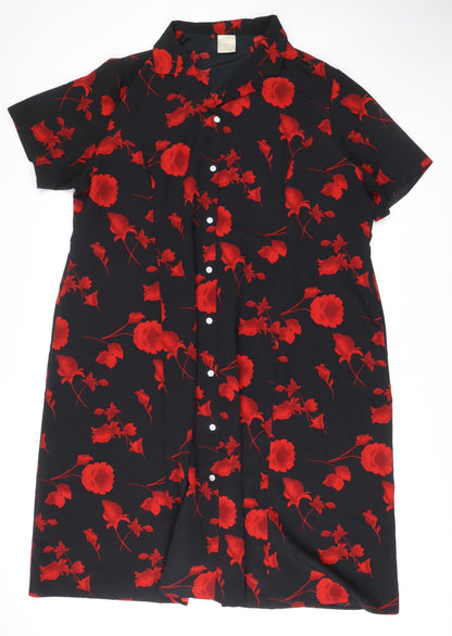 Classics Women’s Black Red Floral Shirt Dress L Short Sleeve Midi