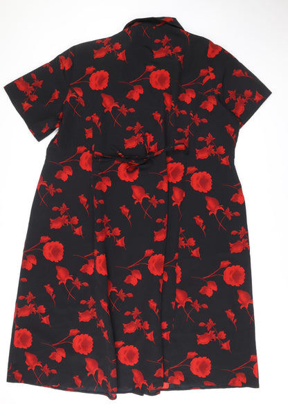 Classics Women’s Black Red Floral Shirt Dress L Short Sleeve Midi