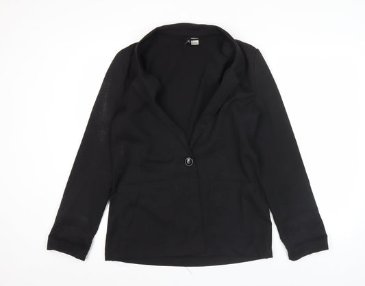 H&M Women Black Size 12 Regular Fit One-Button Blazer Jacket