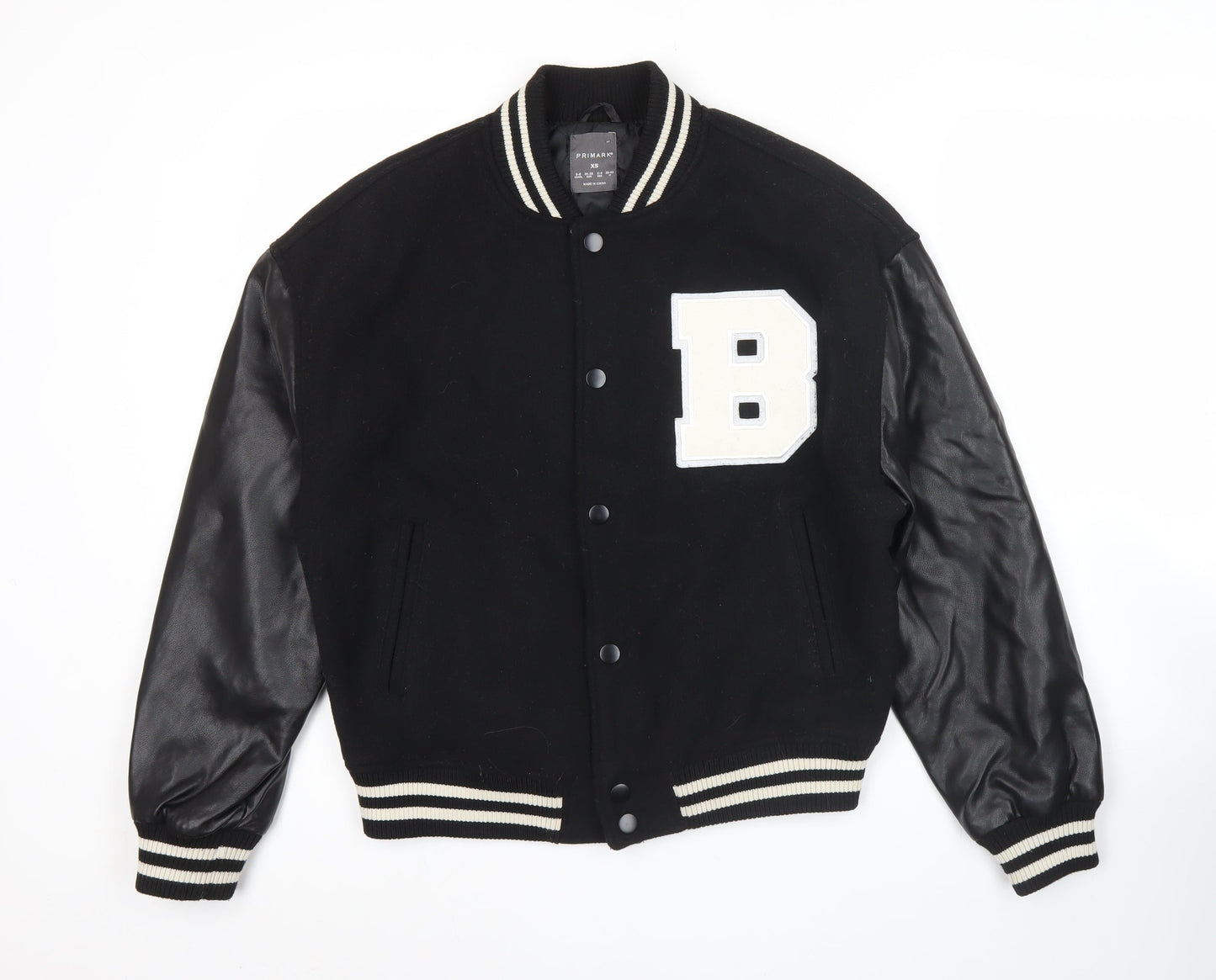 Primark Womens XS Black Varsity Jacket Wool Blend Snap Casual