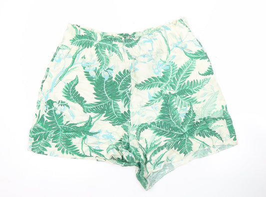 H&M Women’s Green Tropical Print Linen Blend Paperbag Shorts M