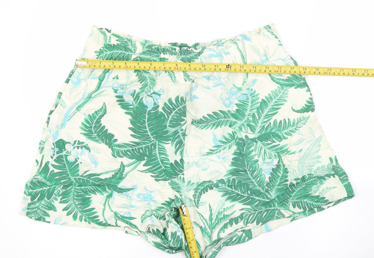 H&M Women’s Green Tropical Print Linen Blend Paperbag Shorts M