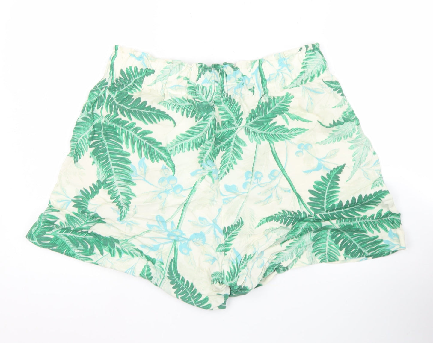 H&M Women’s Green Tropical Print Linen Blend Paperbag Shorts M