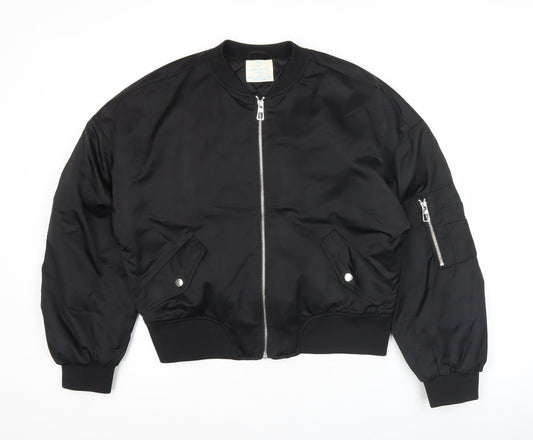 Primark Women Black Bomber Jacket Size 10 Full Zip Pockets Casual