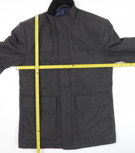 TU Mens Grey Wool Blend Herringbone Overcoat Size S Stand Collar