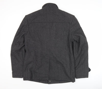 TU Mens Grey Wool Blend Herringbone Overcoat Size S Stand Collar