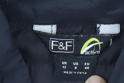 F&F Women’s Black Puffer Waistcoat Size 12 Sleeveless Zip Front