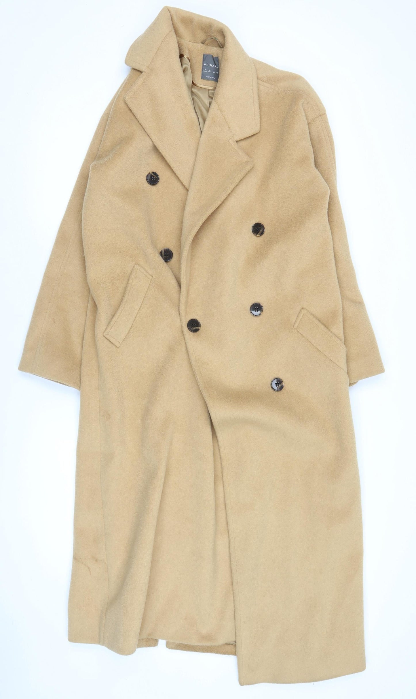 Primark Women’s Beige Long Overcoat Size 8 Classic Buttoned