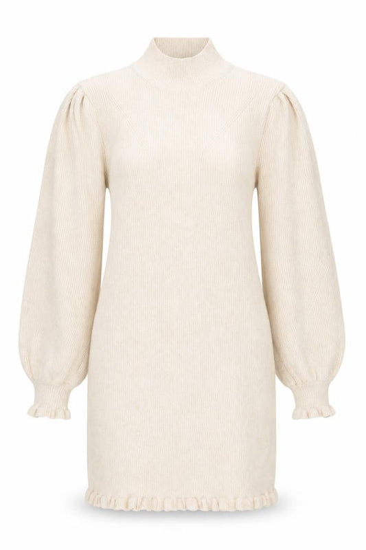 Front view of Miss Selfridge women’s beige mock neck jumper, size UK 12, long sleeve puff