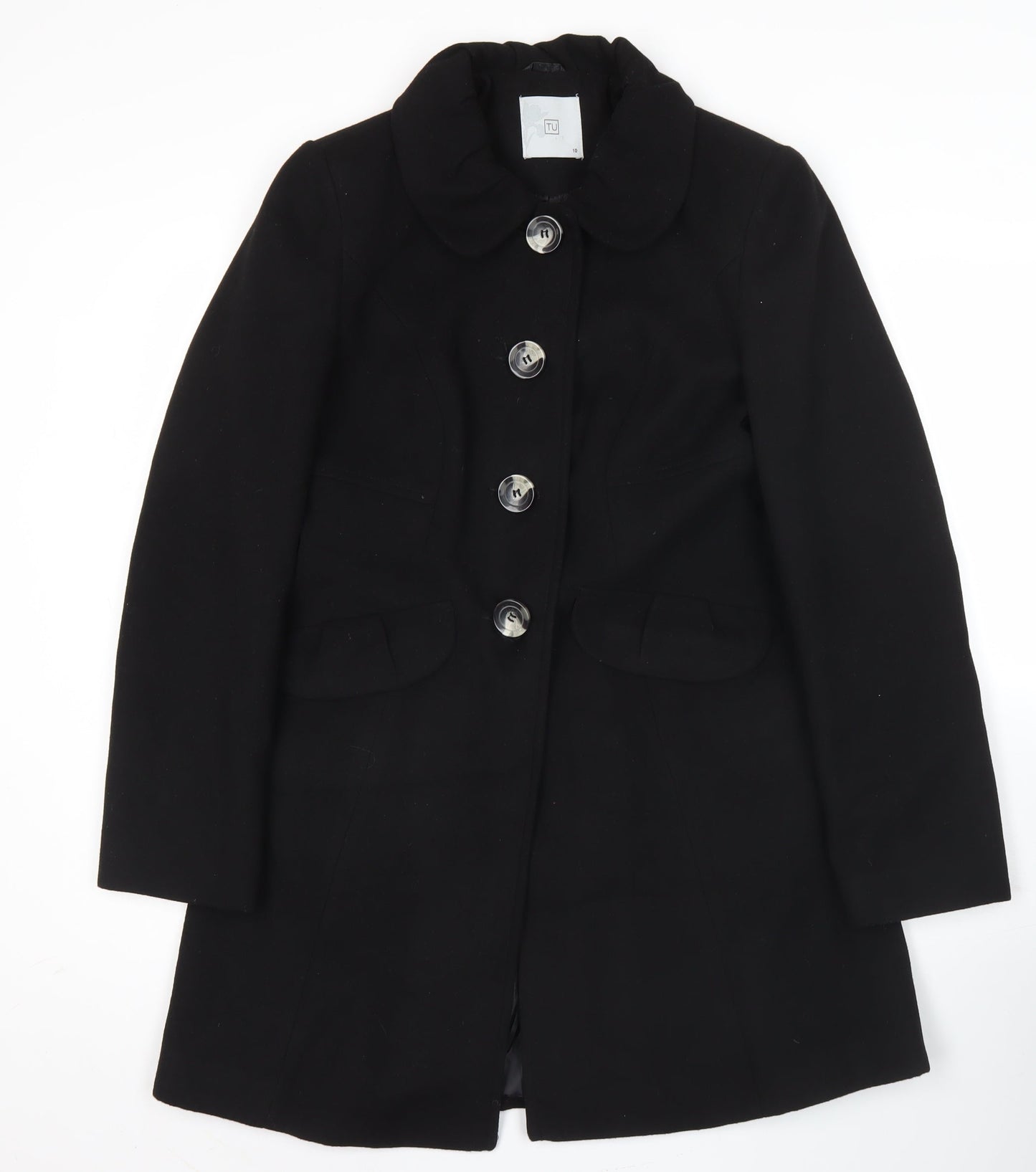 TU Womens Black Polyester Buttoned Mid-Length Overcoat Size 10
