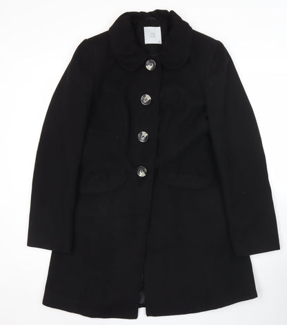 TU Womens Black Polyester Buttoned Mid-Length Overcoat Size 10