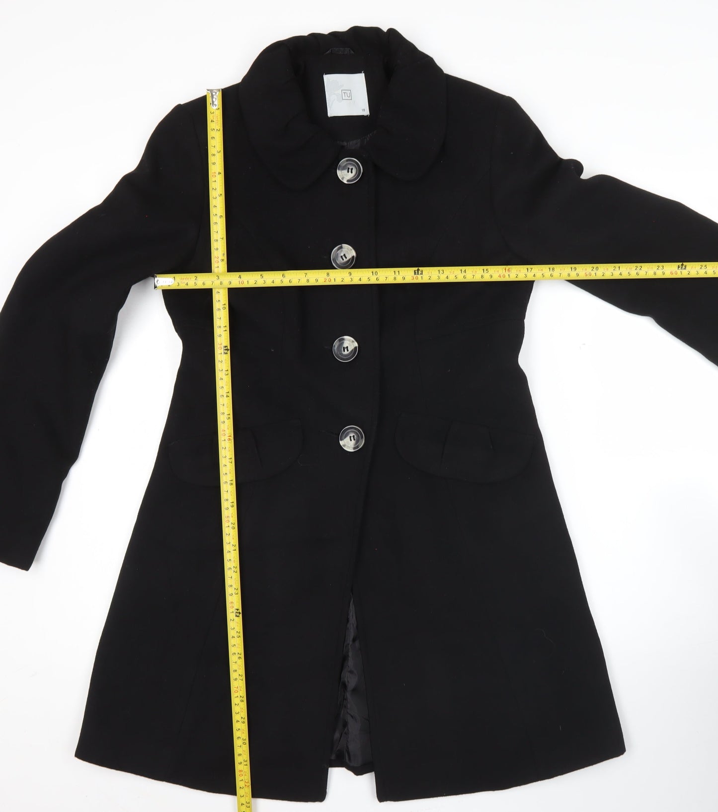 TU Womens Black Polyester Buttoned Mid-Length Overcoat Size 10