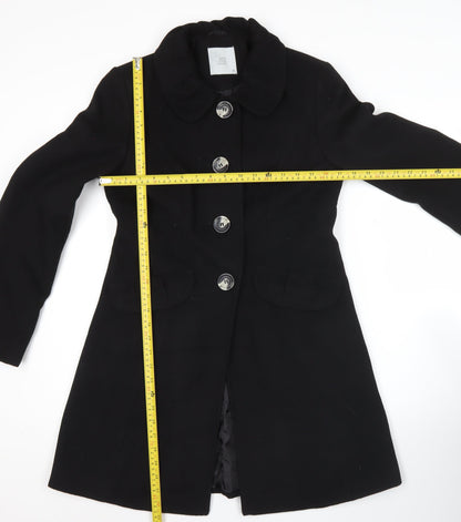 TU Womens Black Polyester Buttoned Mid-Length Overcoat Size 10