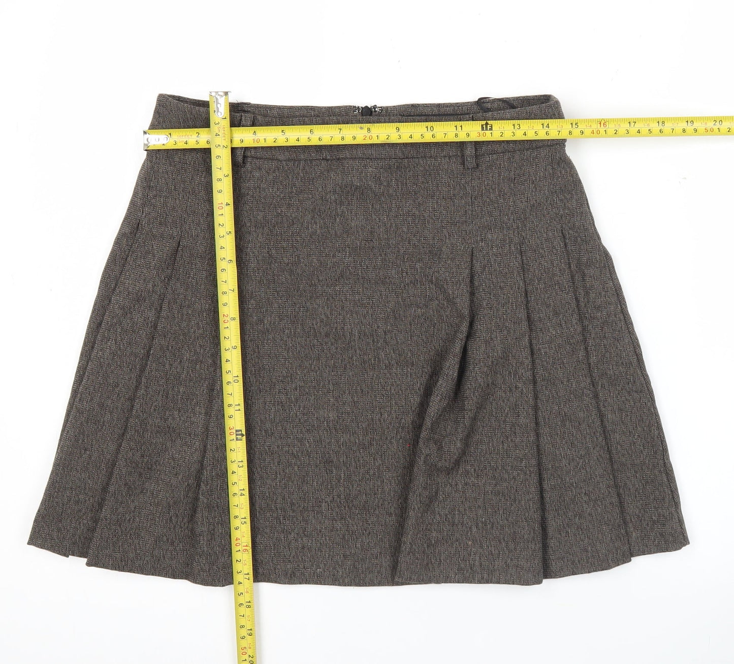 MNG Women Brown Pleated Tweed Short Skirt Size M