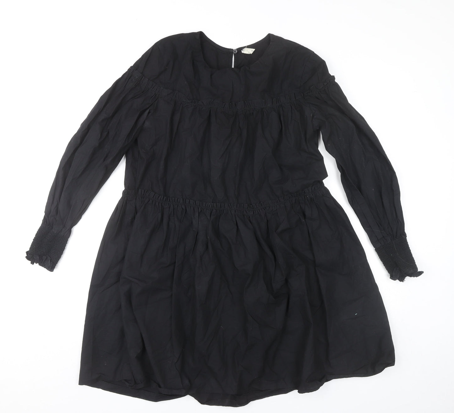 Mango Women’s Black Cotton Shift Dress Size 8 Long Sleeve Ruffle