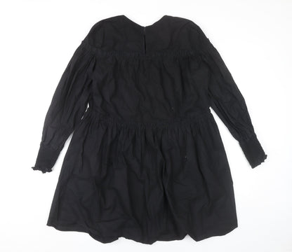 Mango Women’s Black Cotton Shift Dress Size 8 Long Sleeve Ruffle