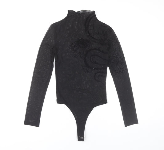 Bershka Women Black Sheer Embroidered Dragon Bodysuit Size S