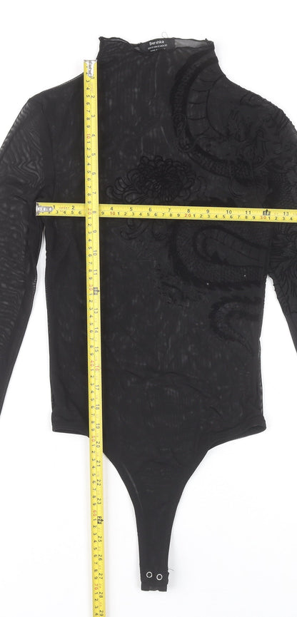 Bershka Women Black Sheer Embroidered Dragon Bodysuit Size S