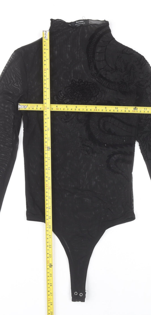 Bershka Women Black Sheer Embroidered Dragon Bodysuit Size S