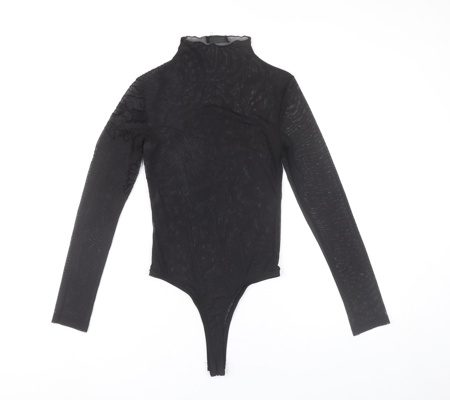 Bershka Women Black Sheer Embroidered Dragon Bodysuit Size S