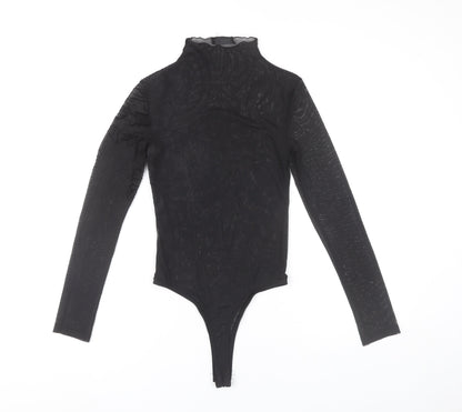 Bershka Women Black Sheer Embroidered Dragon Bodysuit Size S