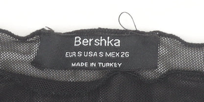 Bershka Women Black Sheer Embroidered Dragon Bodysuit Size S