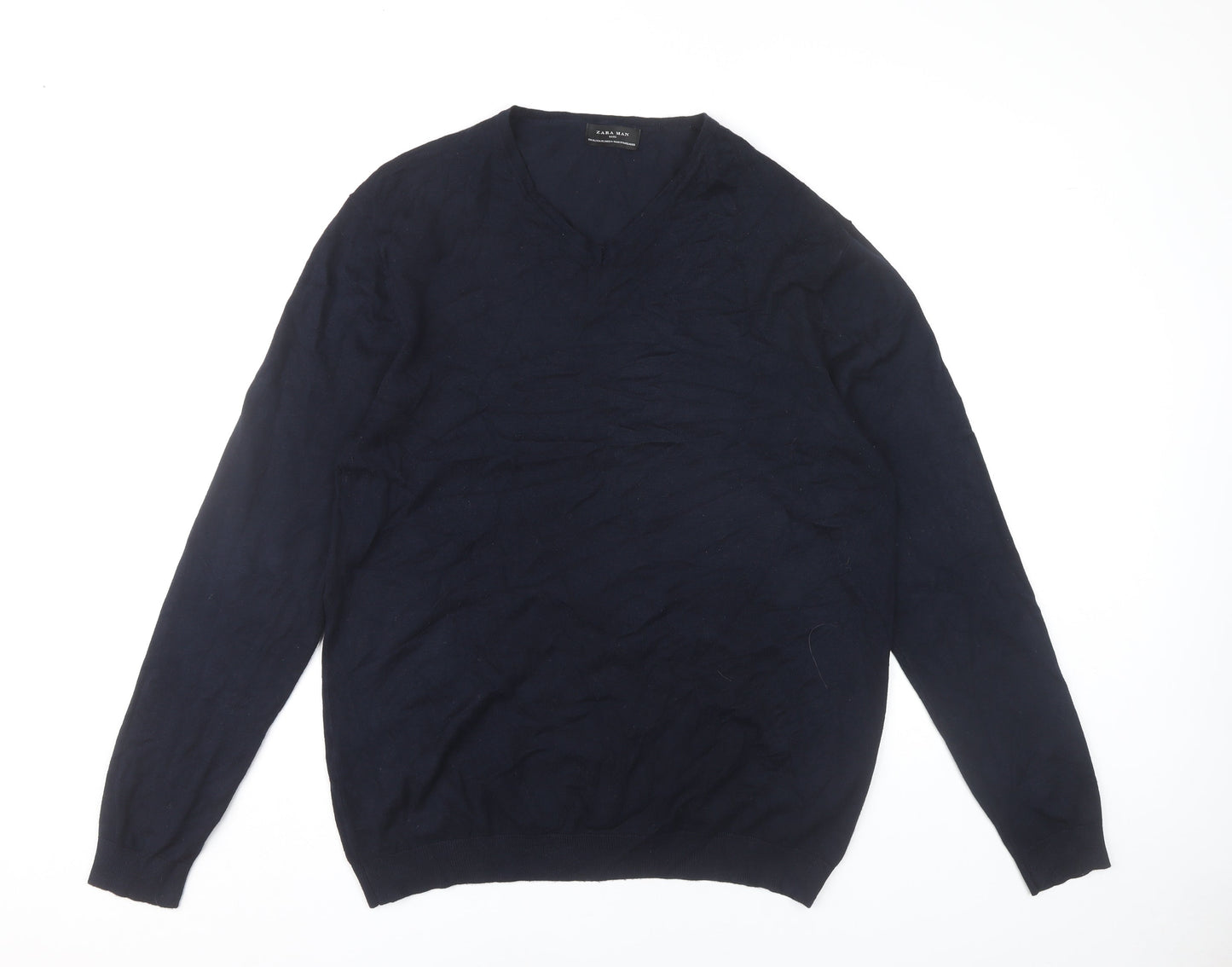 Zara Man Mens Blue XL V-Neck Pullover Jumper Long Sleeve Knit