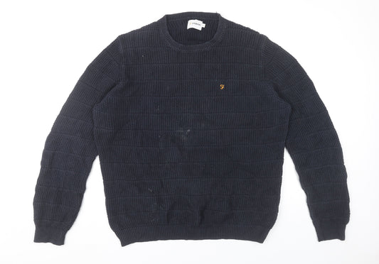 Farah Men's Blue Cotton Waffle-Knit Jumper Logo Size L