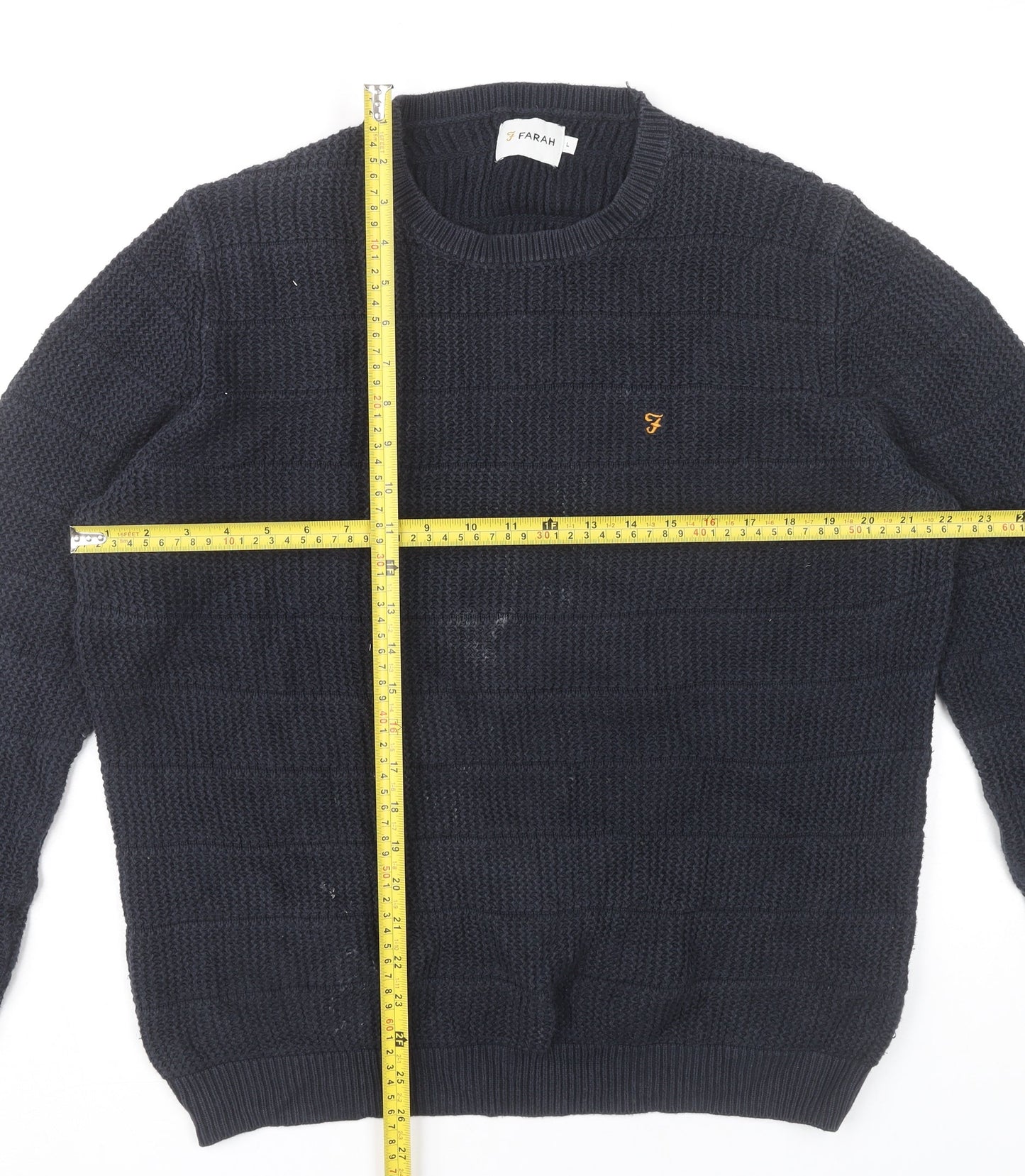 Farah Men's Blue Cotton Waffle-Knit Jumper Logo Size L
