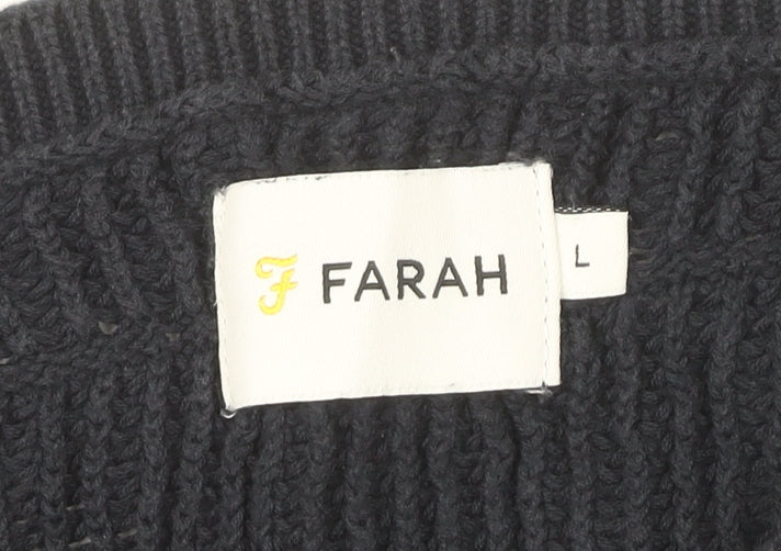 Farah Men's Blue Cotton Waffle-Knit Jumper Logo Size L