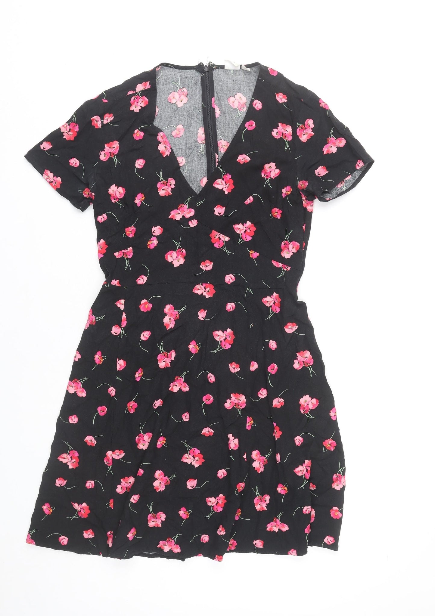 GAP Women’s Black Floral Fit & Flare V-Neck Knee Length Dress Size 8
