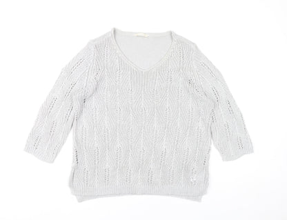 BHS Women Grey V-Neck Open-Knit Pullover Jumper Size 18