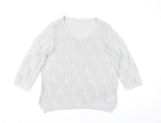 BHS Women Grey V-Neck Open-Knit Pullover Jumper Size 18