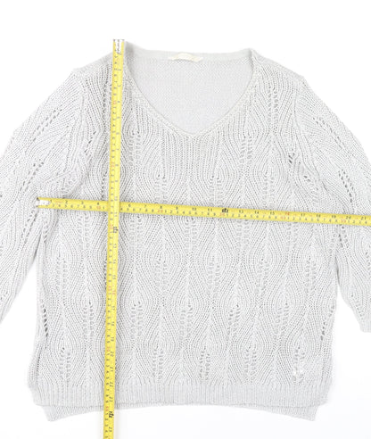 BHS Women Grey V-Neck Open-Knit Pullover Jumper Size 18