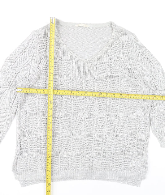 BHS Women Grey V-Neck Open-Knit Pullover Jumper Size 18