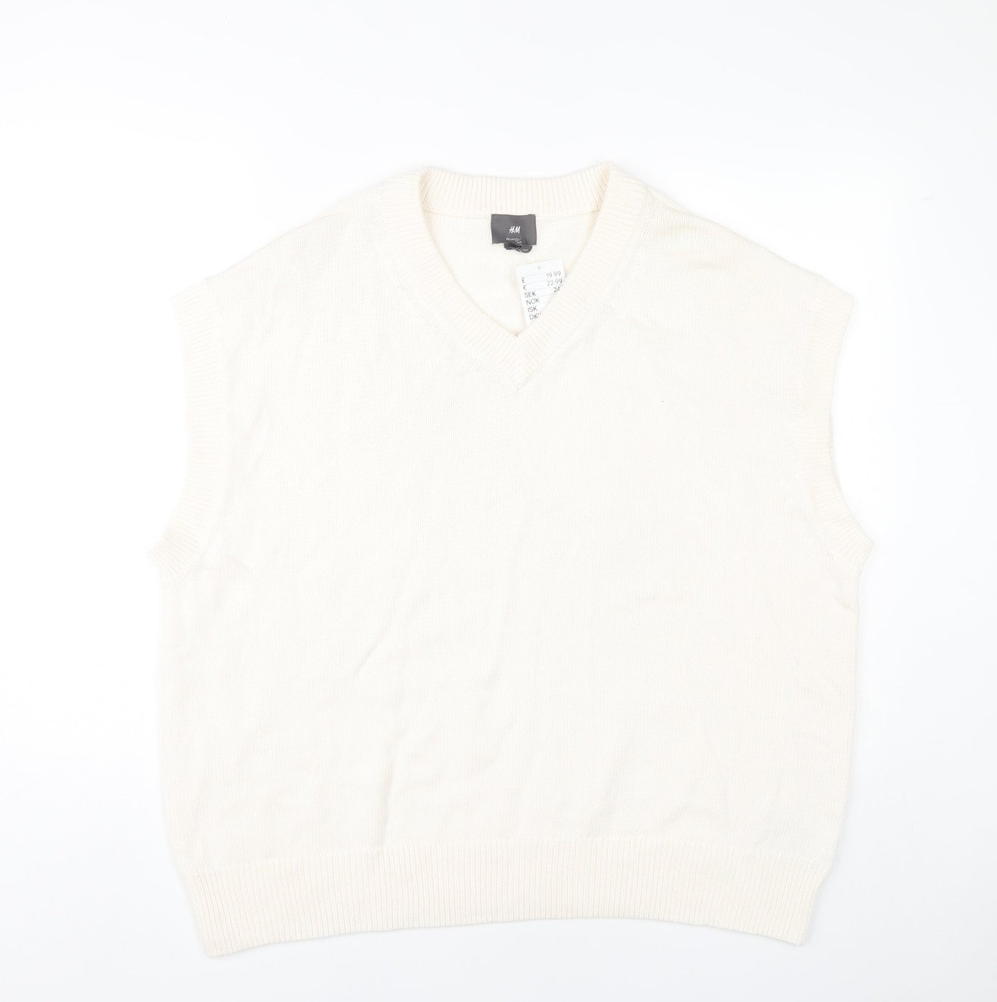 H&M Men’s Ivory Cotton Sleeveless V-Neck Vest Jumper L Relaxed Fit