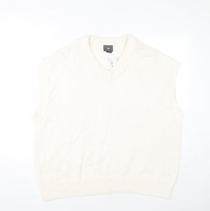 H&M Men’s Ivory Cotton Sleeveless V-Neck Vest Jumper L Relaxed Fit