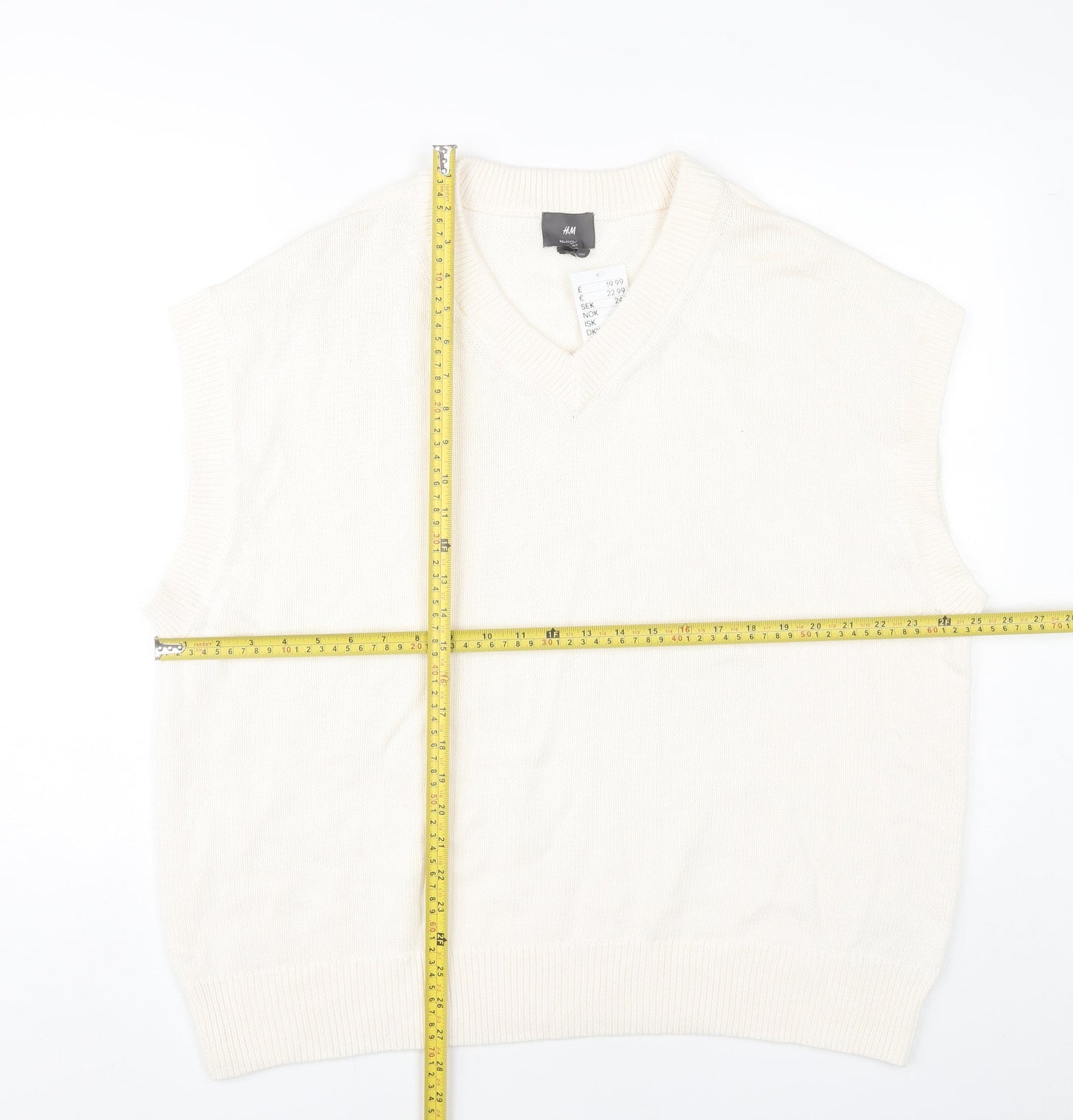 H&M Men’s Ivory Cotton Sleeveless V-Neck Vest Jumper L Relaxed Fit