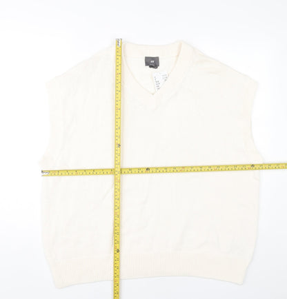 H&M Men’s Ivory Cotton Sleeveless V-Neck Vest Jumper L Relaxed Fit