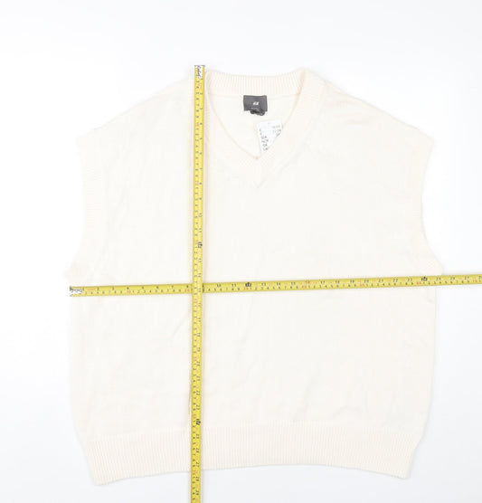 H&M Men’s Ivory Cotton Sleeveless V-Neck Vest Jumper L Relaxed Fit