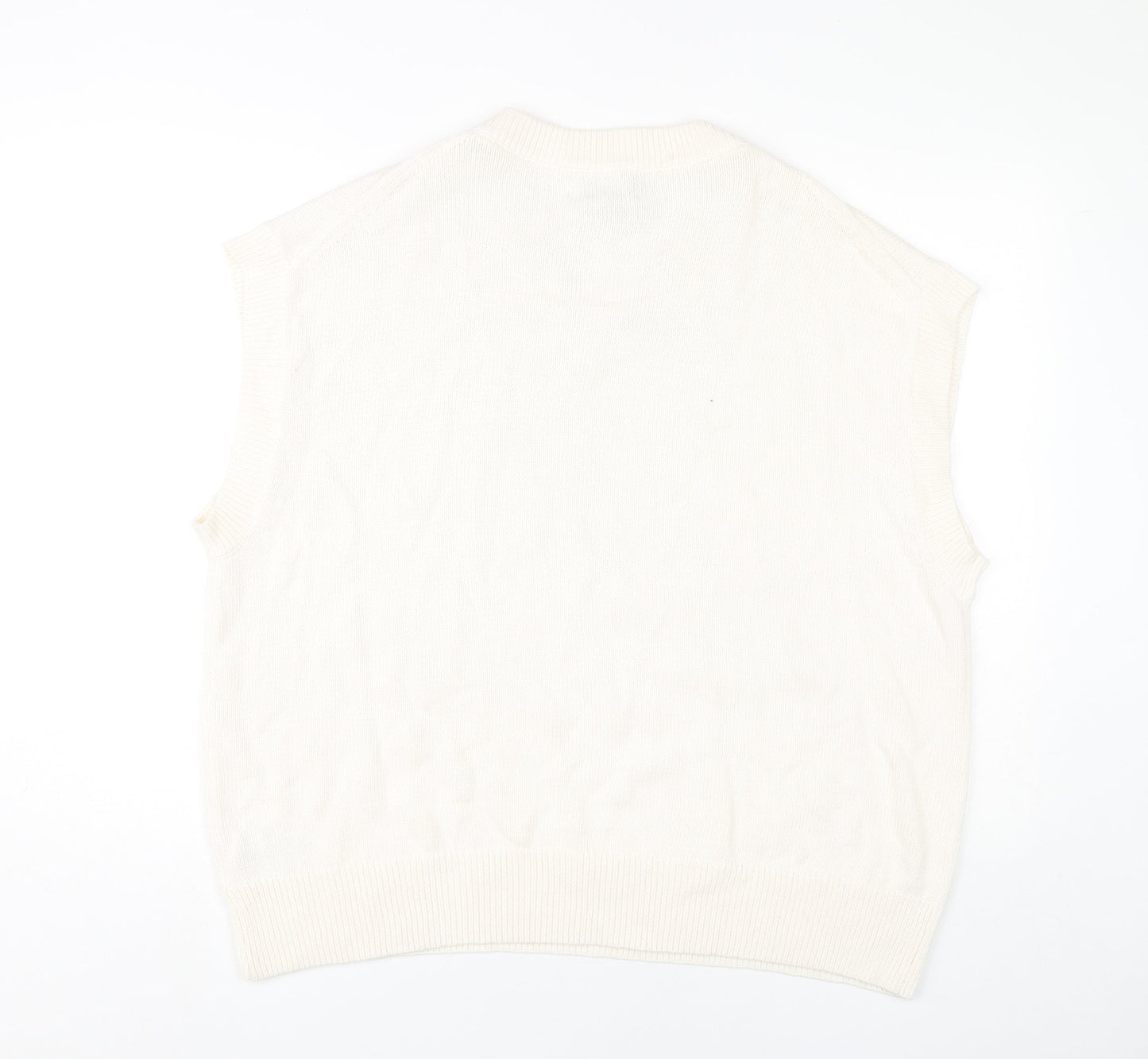 H&M Men’s Ivory Cotton Sleeveless V-Neck Vest Jumper L Relaxed Fit