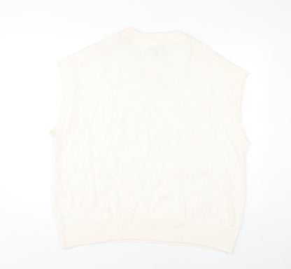 H&M Men’s Ivory Cotton Sleeveless V-Neck Vest Jumper L Relaxed Fit