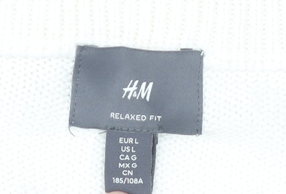 H&M Men’s Ivory Cotton Sleeveless V-Neck Vest Jumper L Relaxed Fit