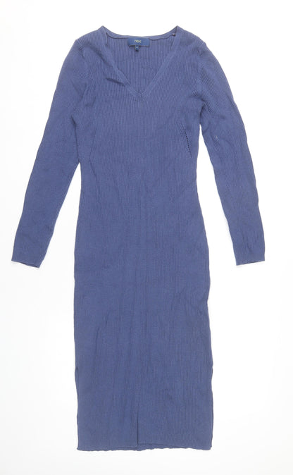 Next Women’s Blue Bodycon Knit Midi Dress Size 10 Long Sleeve V-Neck